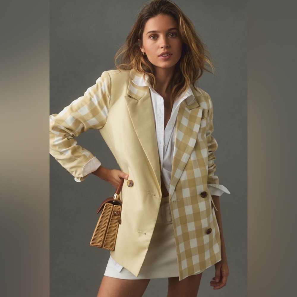 Anthropologie Avec Les Filles Tan Gingham Check Blazer sz XLP
